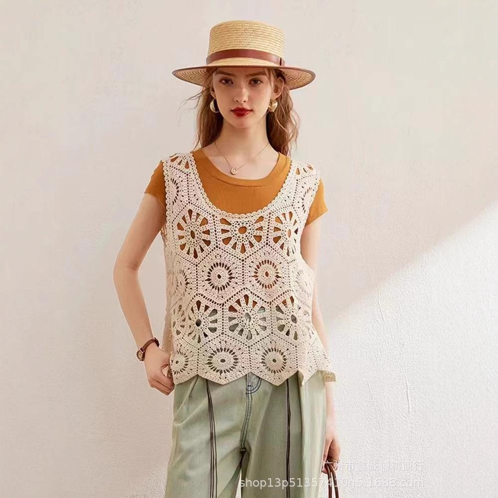Summer Spice Girl Design Sense Crochet Hollow Suspender Women's Knitted Vest Vest Outside Sleeveless Blouse Top