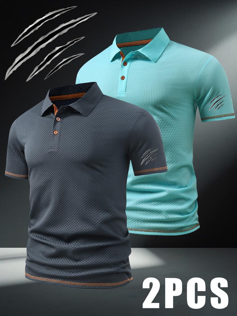 2pcs Men's Outdoor Golf Polo Shirts with Claw Mark Pattern - Short Sleeves & Color Block, Men's Business Casual T Shirts for Spring and Summer, Can Be