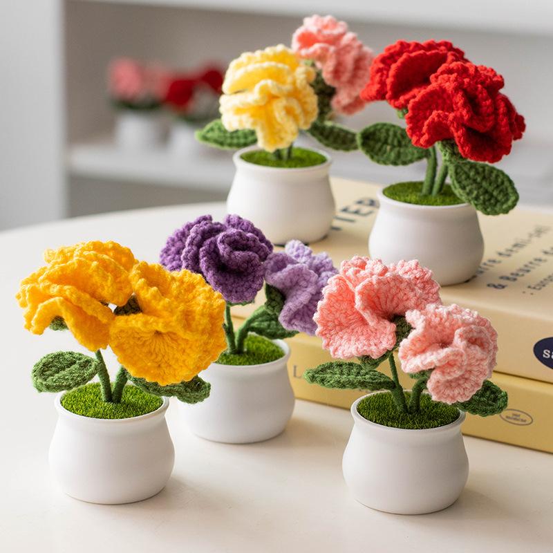Crochet Carnation Potted Mothers Day Gift Homemade Kintted Flower Finished Kintting Plant Office Desktop Ornaments Car Decor