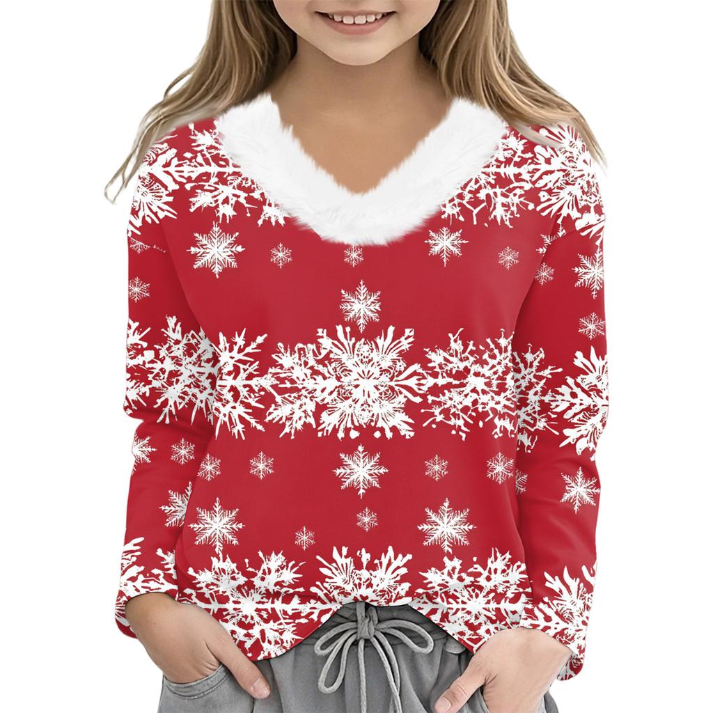 Christmas Day Girls Long Sleeve T Shirts Kids  Girls' V-Neck Tee Christmas Print Long Sleeve Top