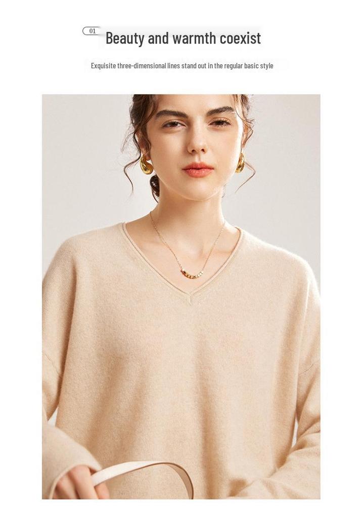 Women's V-Neck Cashmere Pullover Sweater - Loose Fit, Long Sleeve, Versatile for Autumn & Winter.
