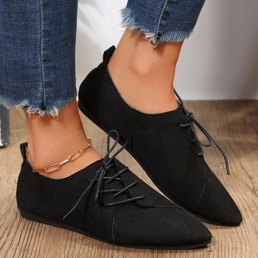 Large Size Shallow Single Shoes Spring and Summer New Pointed Suede Lace-up Flat Casual Single Shoes
