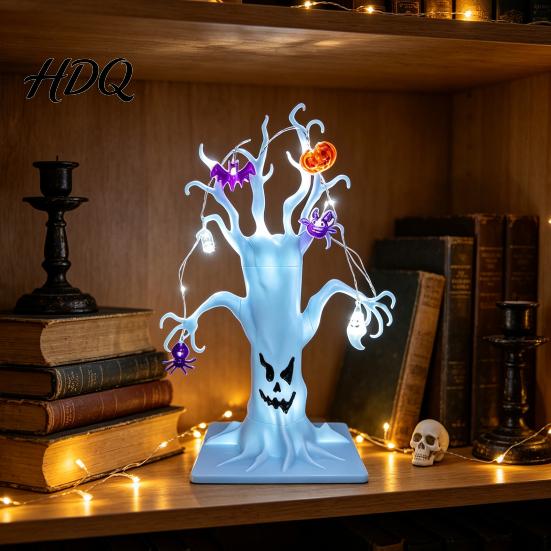 Creepy Spider Tree for Holiday Lighted Halloween Spooky Dead Tabletop Decor Ghost Face Haunted Glowing Skeleton Bat Ornaments with Pumpkin LED String