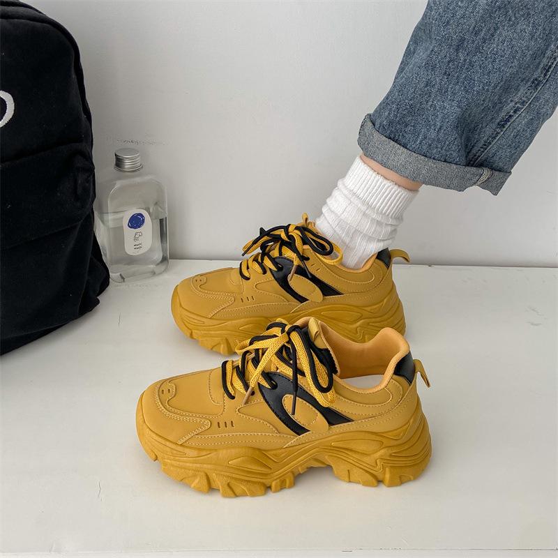 Daddy Shoes Women's  Autumn New Leather Double Lace Casual Sports Shoes with Thick Bottom and Heightened All-match Round Toe