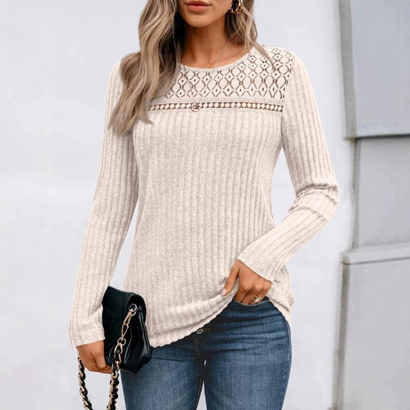 Women Autumn Lace Cutout Long Sleeve Top Pit Strip Casual Pullover Shirt