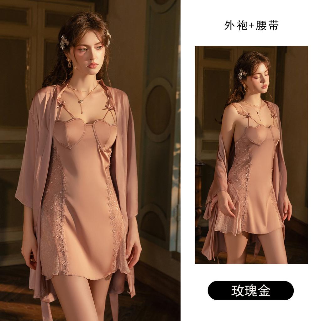 Women's Satin Lace Sheer Padded Flutter Sleeve Cami Sleep Dress with Robe Lounge Set