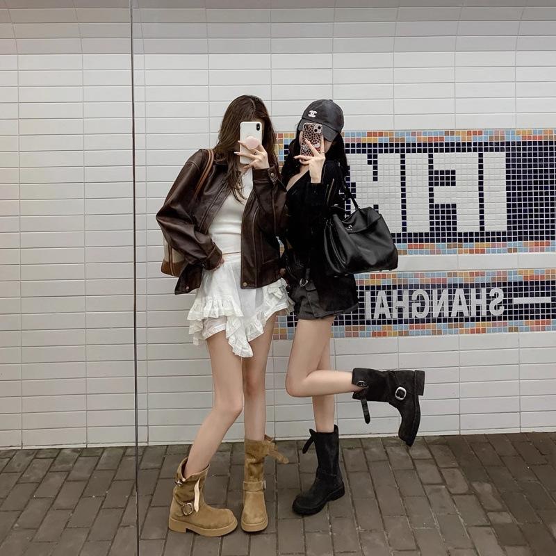 Shoes round head platform locomotive medium tube short boots women's Martin boots stacking boots autumn and winter