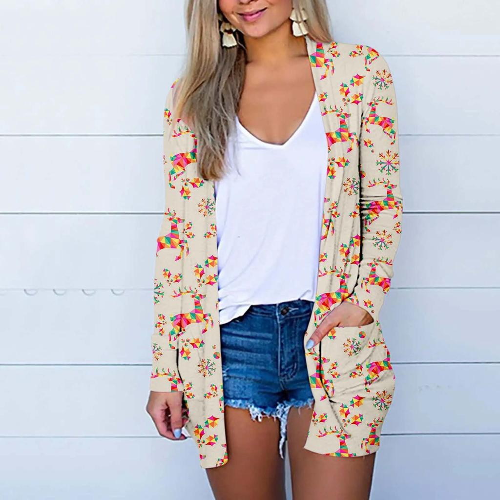 Damenmode, lässig, Chirstmas-Druck, mittellang, Strickjacke, Jackenmantel
