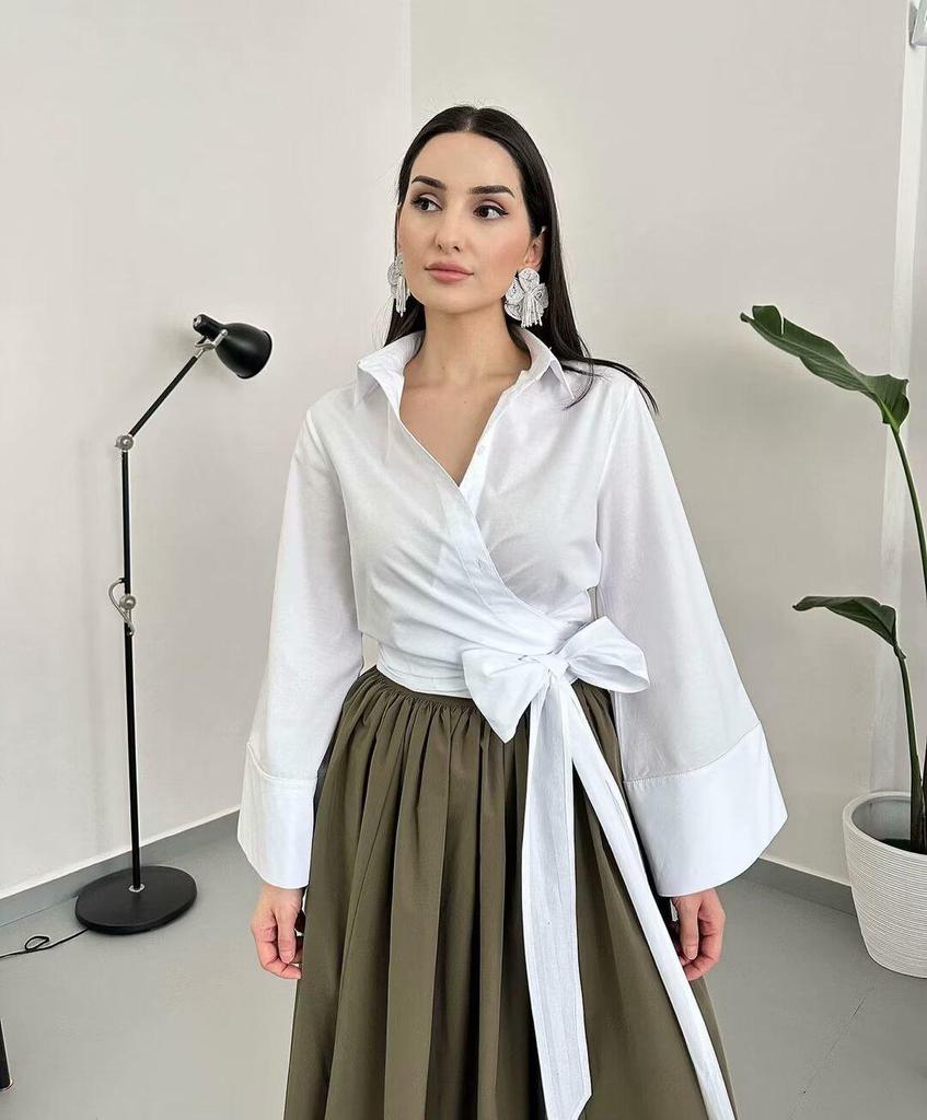 2025 Spring Women's Double-Breasted Poplin Slim Shirt with Bow Tie - European & American Style