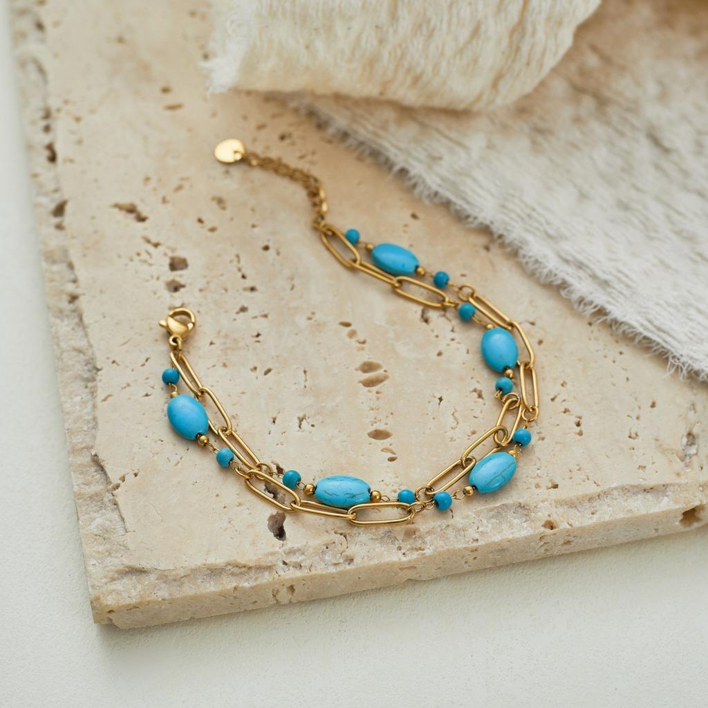 Stainless Steel Fresh Blue Beaded Necklace Women's Niche Design Sense Multi-layer Stacked Temperament Collarbone Chain