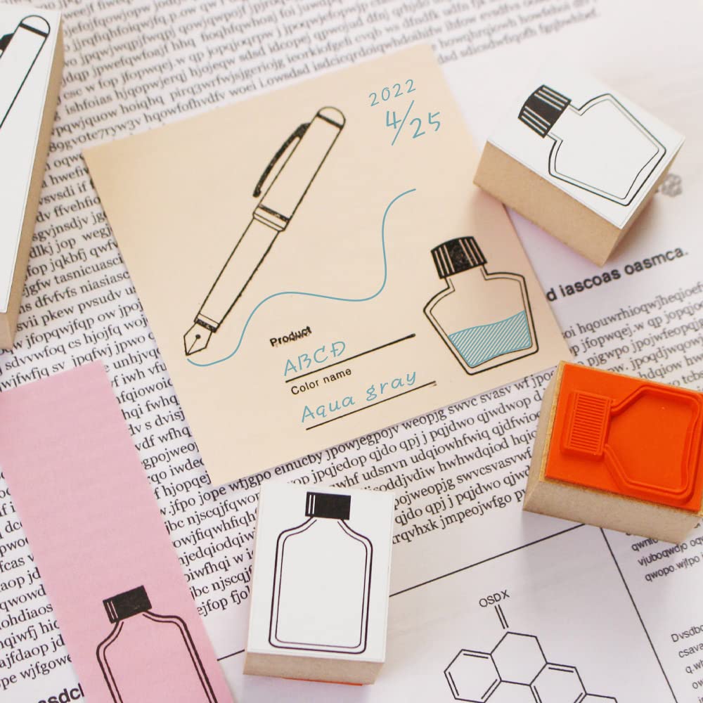 Fountain Cute Wooden Stamp Color Stylish Letter Sticky Made In Japan Pen, Ink, Stamp, Set, Swatches, List, Cards, Paper, Notes, Stationery, Gift,