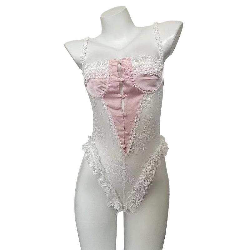 Sexy lingerie women's French shapewear one-piece pure desire small breasts gather lace lace pajamas set