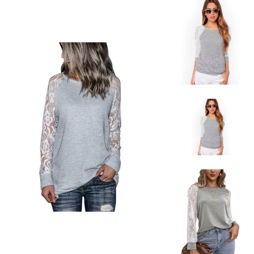 Korean Style Womens Lace Panel Long Sleeve Slim Fit Blend Round Neck Casual Top