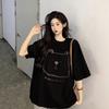 Large Size Fat MM Lazy Hong Kong Style Bear Print Short-sleeved T-shirt Women's Pure Cotton Loose Medium and Long Front Shoulder Couple Top