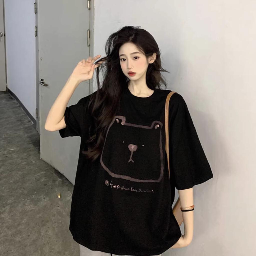 Large Size Fat MM Lazy Hong Kong Style Bear Print Short-sleeved T-shirt Women's Pure Cotton Loose Medium and Long Front Shoulder Couple Top