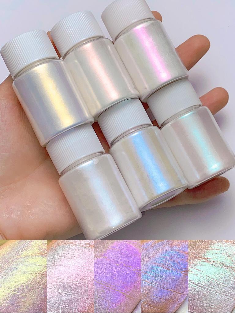 6Pcs/Set Aurora Mermaid Nail Art Powder High-Gloss Polarized White Pearl Chrome Pigment Chameleon Manicure Rubbing Mica