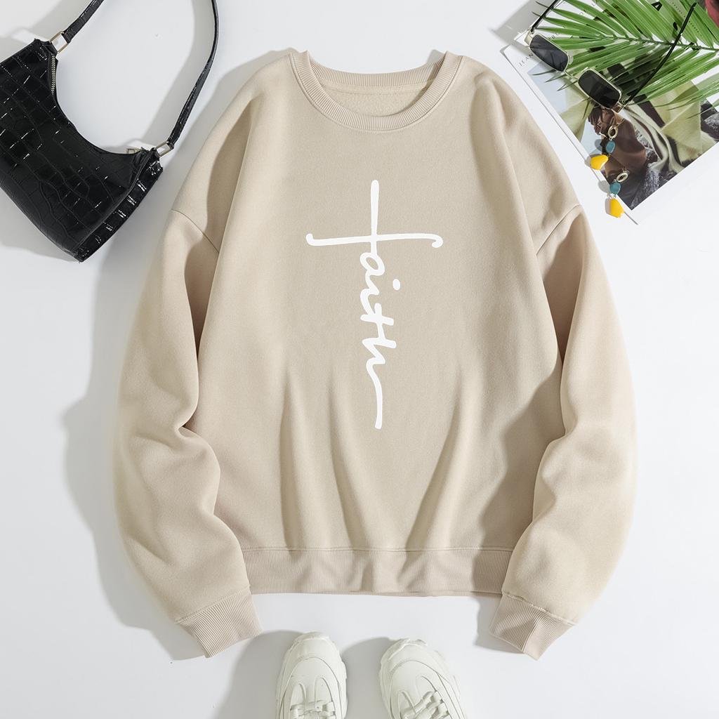 Autumn Letter "Faith" Cross Printed Hoodies Fashionable Casual Sports Long Sleeved Women's Hoodies