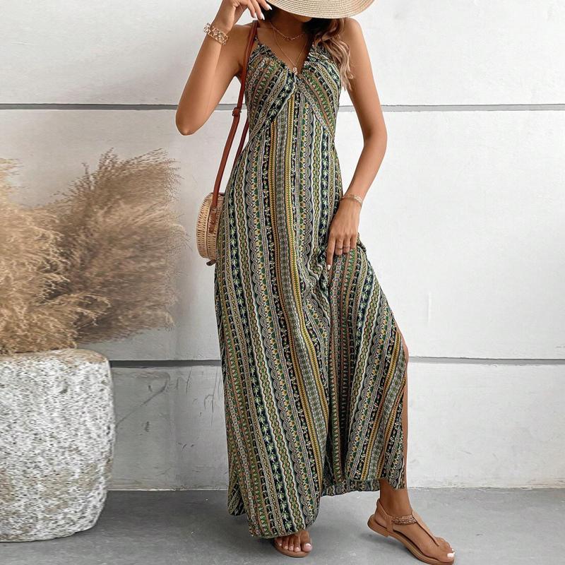 Damen Sommer Ethno Muster Rückenfrei Schlitz am Oberschenkel Kleid Damen Sommerkleidung Boho Mode Rüschenbesatz Langes Kleid für den Strand