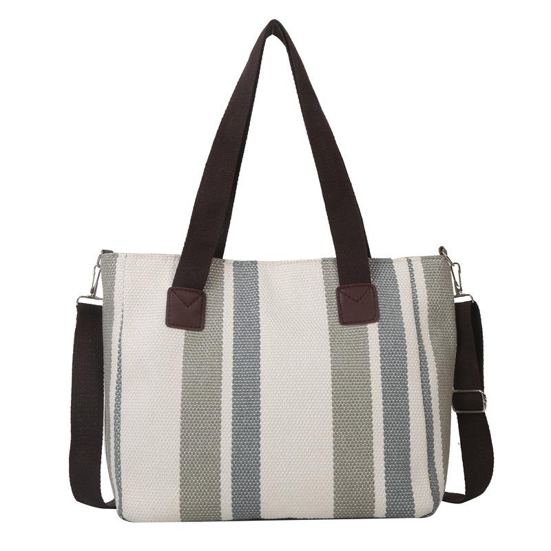 Big bag women's 2025 new fashion striped canvas bag commuter tote bag trendy shoulder messenger mommy bag