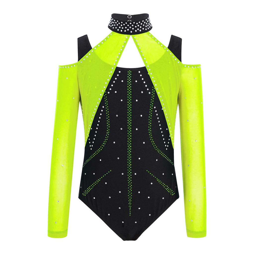 Kombinezon Gimnastyczny dla Dziewcząt Wycięcia Siateczkowe Patchwork Błyszczące Cyrkonie Color Block Body Baletowe