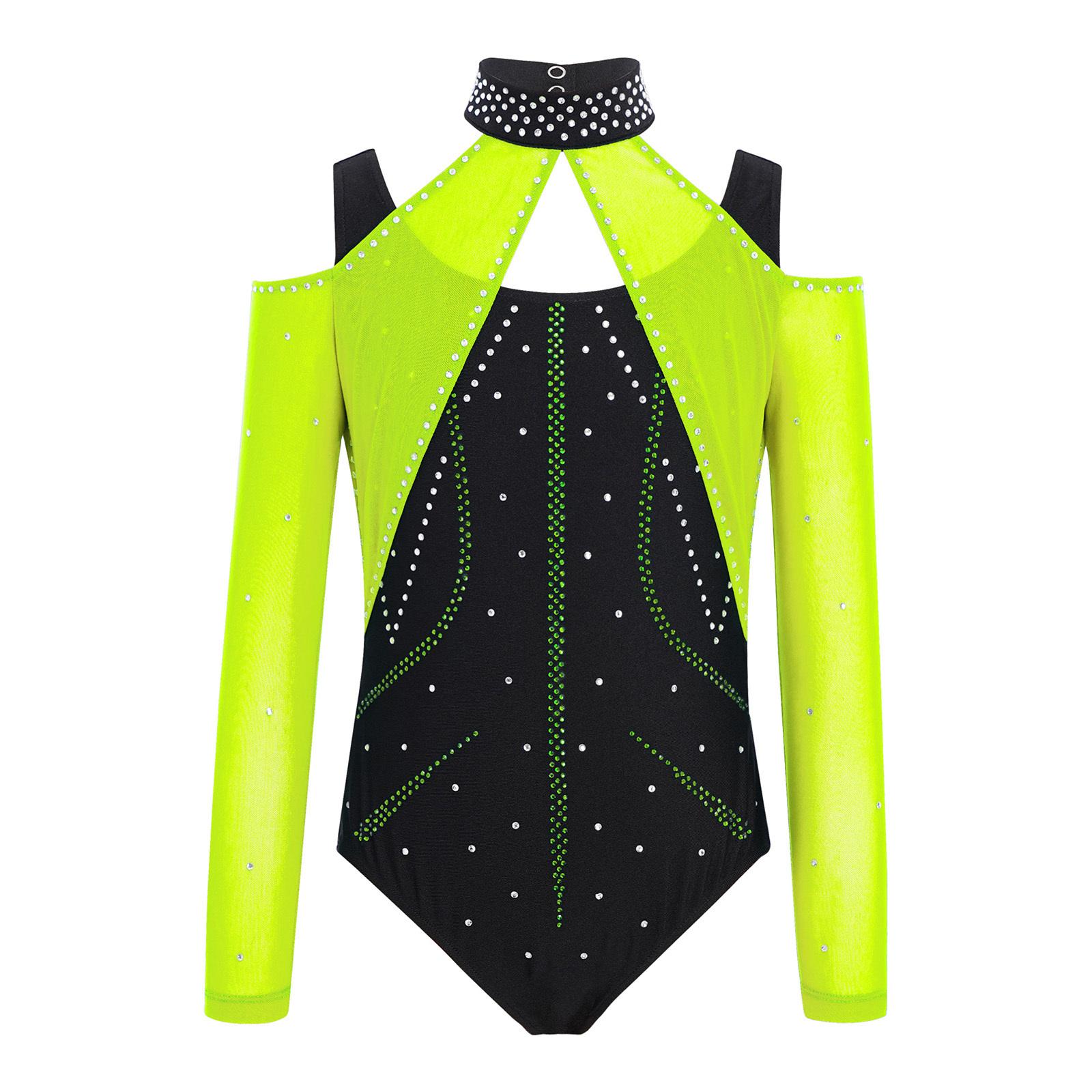 

Girls Gymnastics Leotard Cutout Mesh Patchwork Sparkling Rhinestones Color Block Ballet Bodysuit 5-6 Years зелений