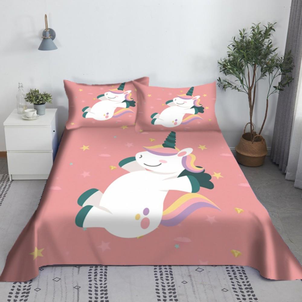 Pink Unicorn Sheet 3D Printed Cartoon Polyester Bed Flat Sheet With Pillowcase Kids Girls Children Bedding Gift