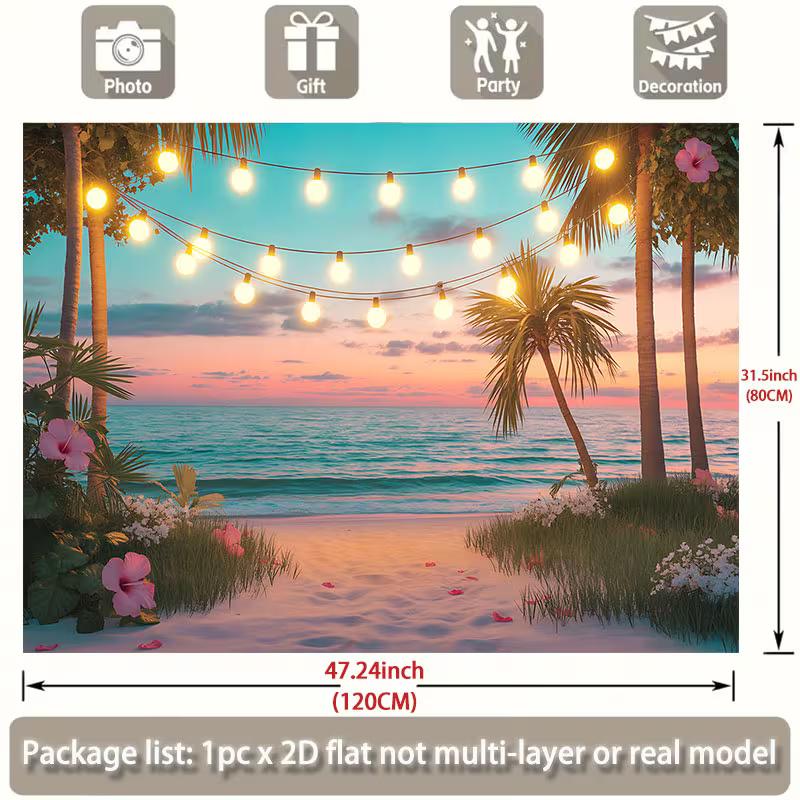 2D Summer Beach Party Banner, String Light Palm Tree Backdrop for Decor