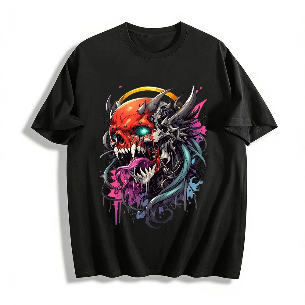 Dark Mechanical Skull Print Trendy Loose Casual Top Pure cotton T-shirt XXS