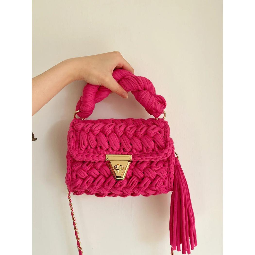 

Сумки ручной работы из плетеного материала через плечо для женщин, вязаная наплечная сумка с крючком, цветные полосатые сумки с цепочками, маленькие сумки