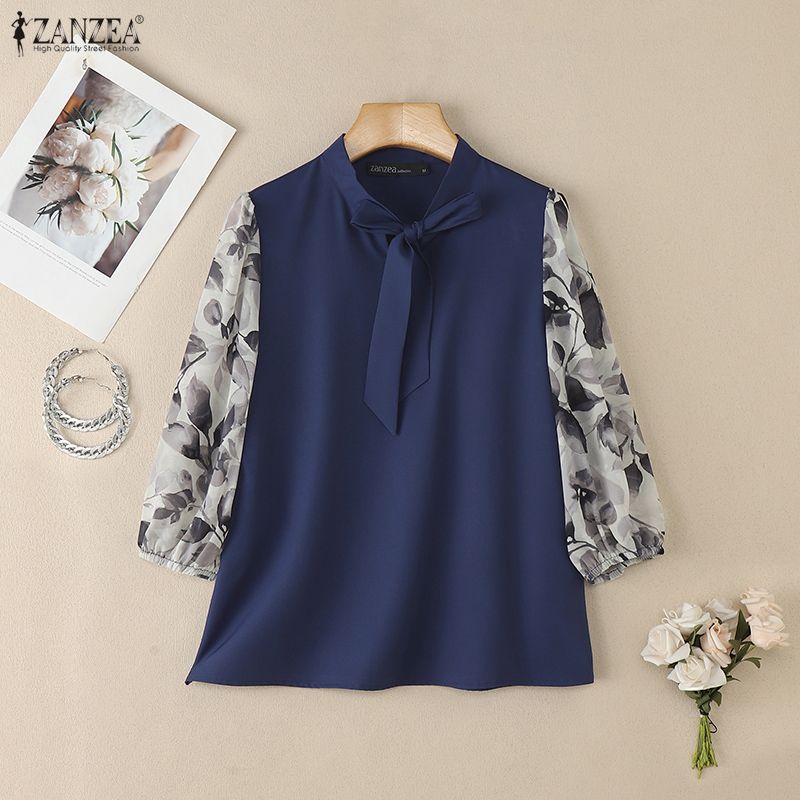 ZANZEA Women Bows Collar Casual Splice 3/4 Sleeve Loose Blouse