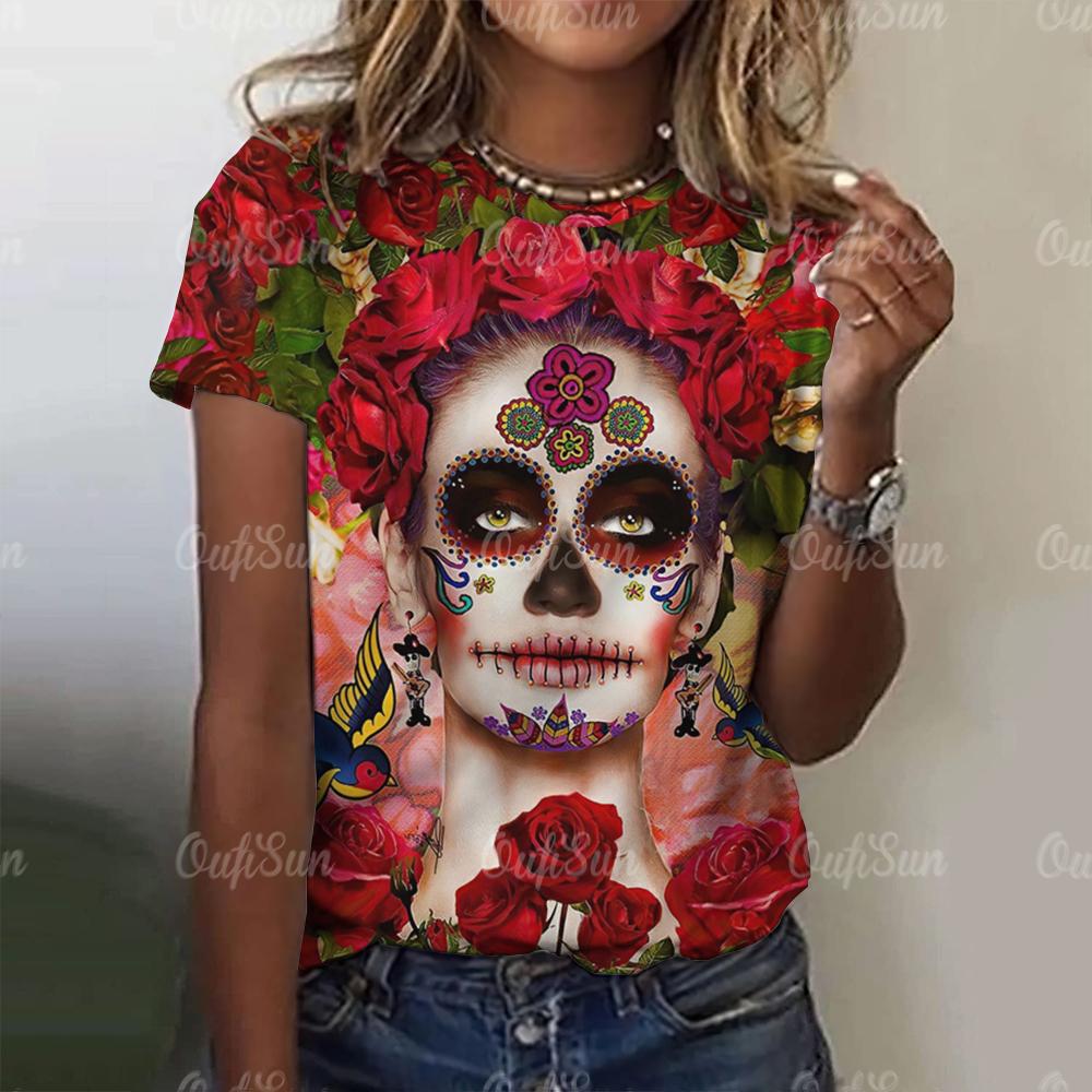 

Женская футболка с принтом черепа для печати Харадзюку Топы с коротким рукавом Осень Круглый вырез Свободный свитер Женская повседневная одежда 6XL