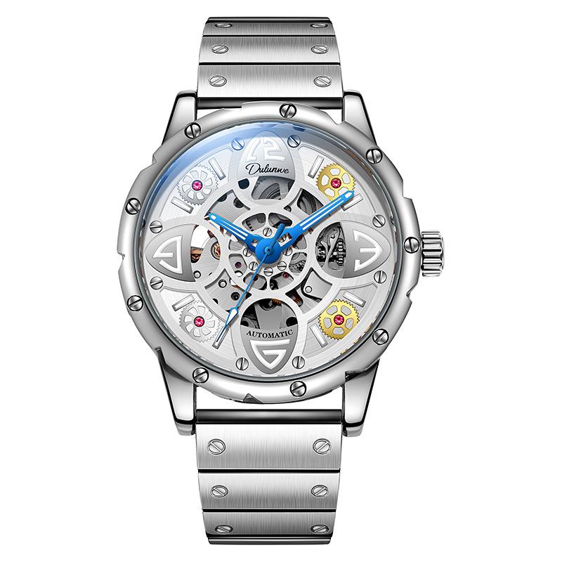 Herren-Automatik-Armbanduhr aus Legierung mit Edelstahlarmband, 30M Wasserdichtigkeit, Leuchtzeiger und Zifferblatt, für Freizeit, Business und Sport