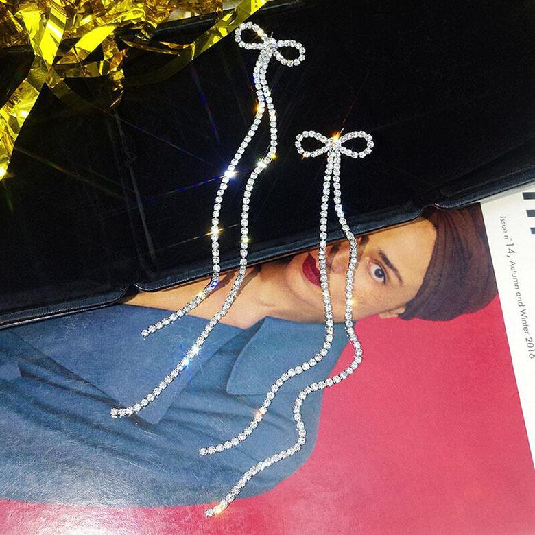 925 Silver Bowknot Tassel Earrings with Diamonds