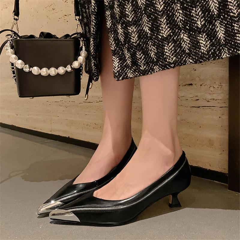 Fashion 2024 New Spring Summer Split Leather Women Shoes Metal Pointed Toe High Heel Women Pumps Shallow Loafers for Women Ladies Shoes