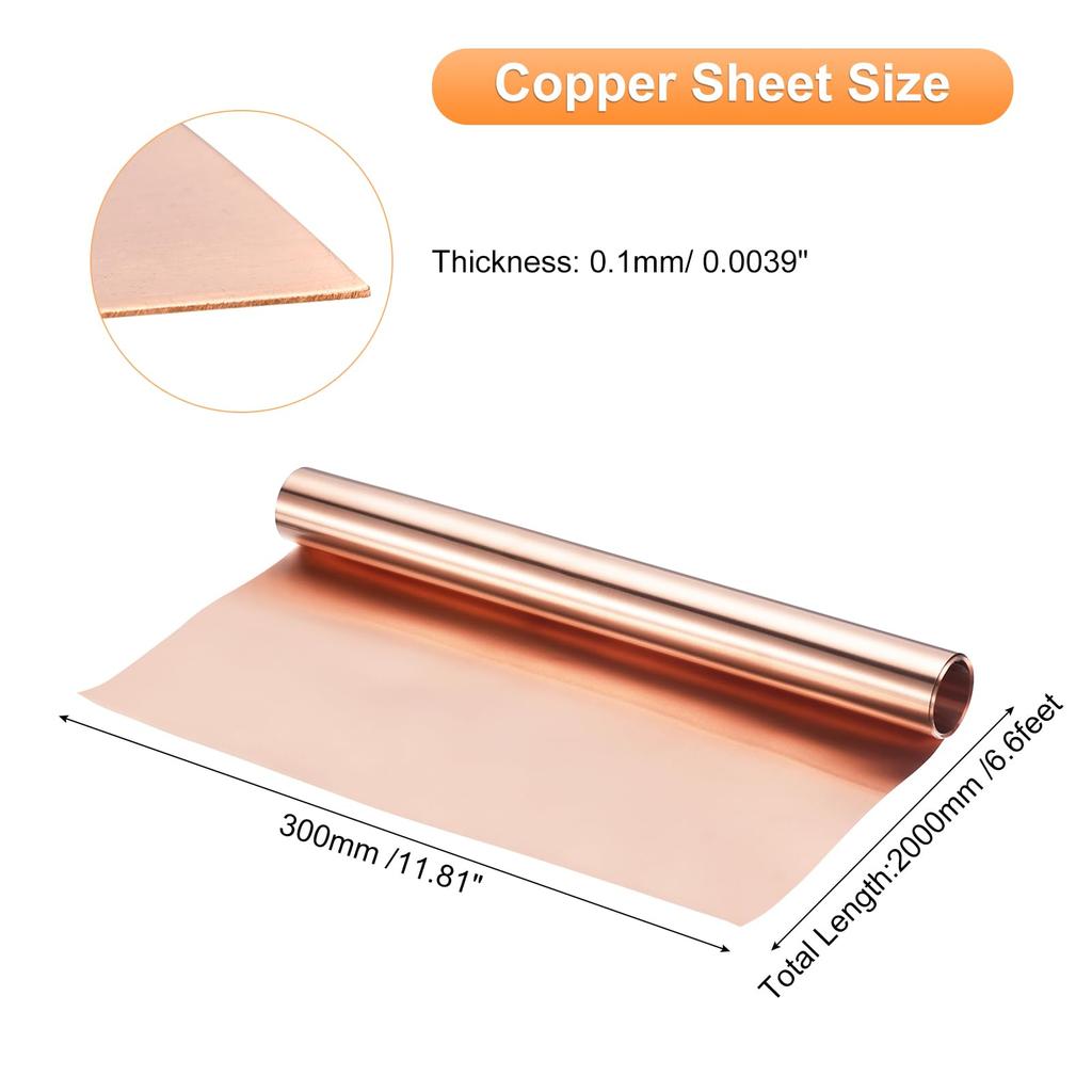 Uxcell Copper Sheet Roll, 2000mm X 300mm X 0.1mm, 99.9% Pure Copper Strip, Copper Flashing Metal Foil Plate for Electrical DIY Projects (Multiple