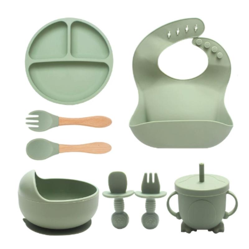 3/6/8Pcs Baby Silicone Tableware Kids Utensil Bib Straw Cup Bowl Suction Plate Feeding Essential Set
