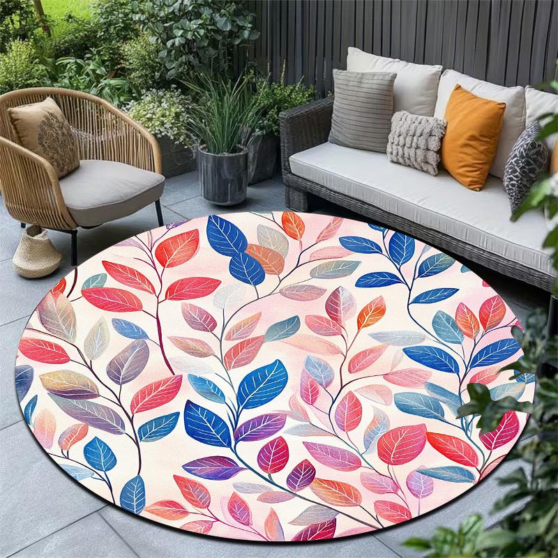 

Colorful leaf watercolor style Flannel-printed round floor mats are slip-resistant Suitable living room terrace garden carpets 60cm x 60cm