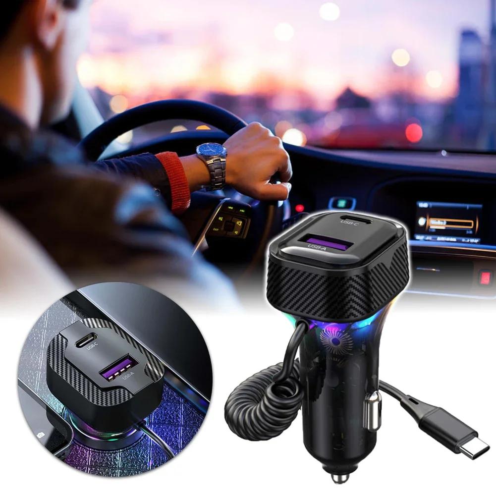 Car Fast Charger with Spring Wire Atmosphere Light Cigarette Lighter Converter PD 30W 3 Output 12V-24V for Mobile Phone Camera