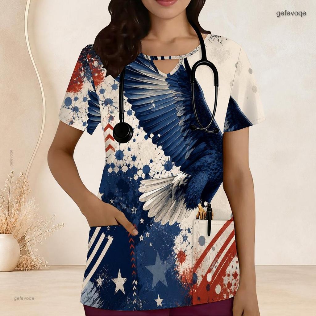 Women Plus Size Bald Eagle Star Printed Keyhole Neck Short Sleeve Nurse Scrub Top With Pockets
