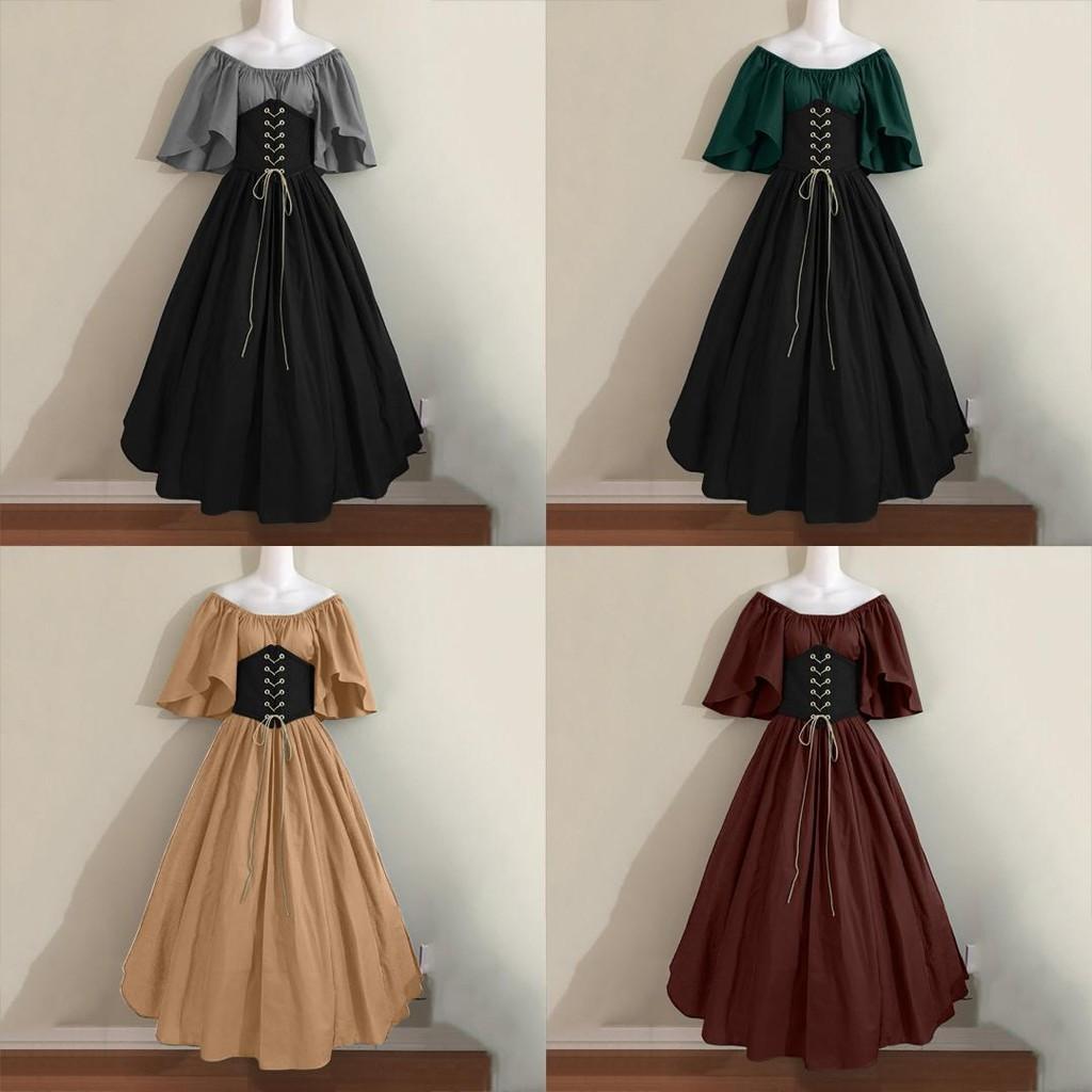 Halloween Women Medieval Fancy Cosplay Costume Stitching Lace Up Maxi Dress