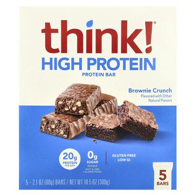 Think!, High Protein Bar, Brownie Crunch, 5 Bars, 60g (2.1oz) Each