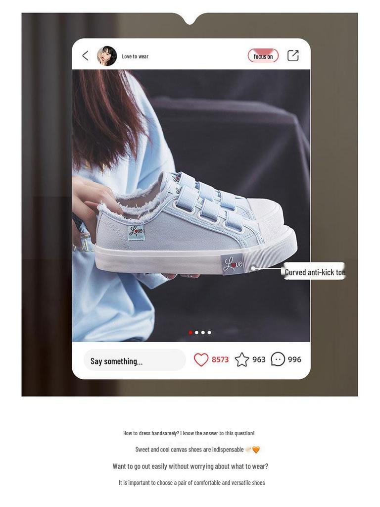 Dámské plátěné tenisky na suchý zip v korejském stylu - Ulzzang trend 2024, ležérní studentské bílé boty