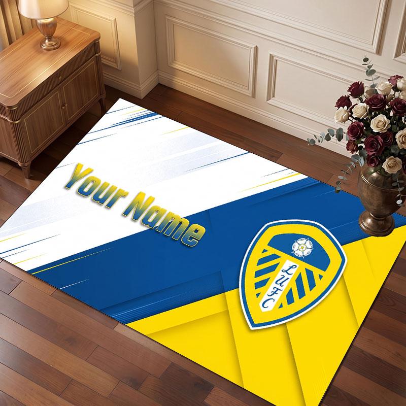 Leeds United Custom Crystal Velvet Rug, Personalized Name Text Print, Football Logo Soft Non‑Slip Floor Mat Home Decor Gift