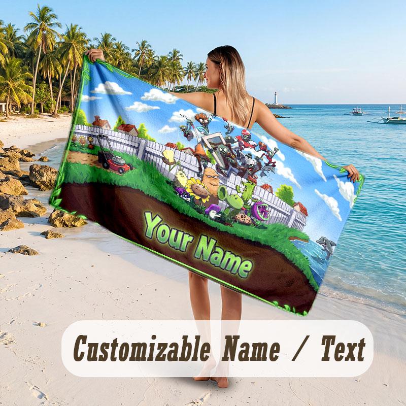 Personalized Beach Towel,Plants vs. Zombie Custom Printed Name Text, Super Absorbent Towel For Beach Vacation