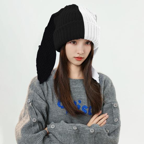 2Pcs 3D Long Rabbit Ears Beanie Hat, Women Bunny Knit Beanie Hat, Winter Warm Knit Rabbit Crochet Skull Hat, Patchwork Color ( Black & White, Blue &