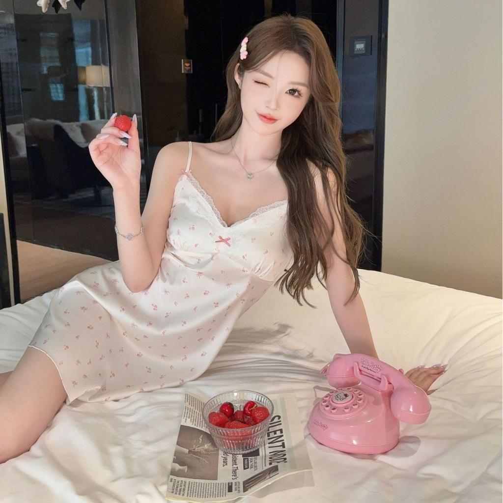 Sexy pajamas women's ice silk thin style with chest pad spring and summer new printed suspender nightdress silk loungewear
