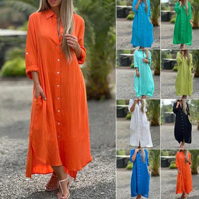 Abito a camicia da donna in cotone e lino a manica lunga stile cardigan casual abito lungo