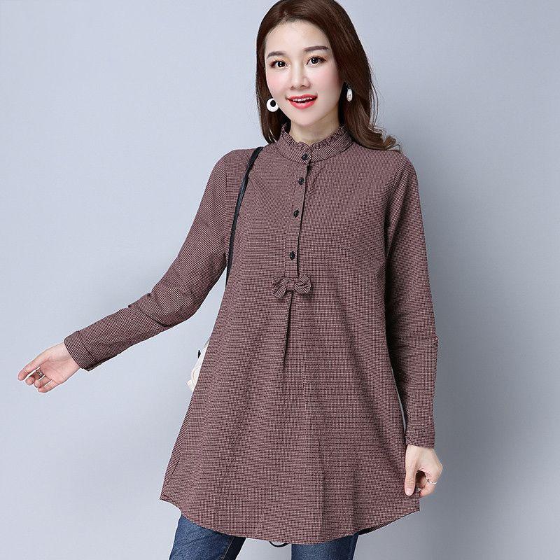 Cotton Plaid Long Sleeved Shirt for Women Spring and Autumn Medium To Long Standing Collar Plus Size Shirt