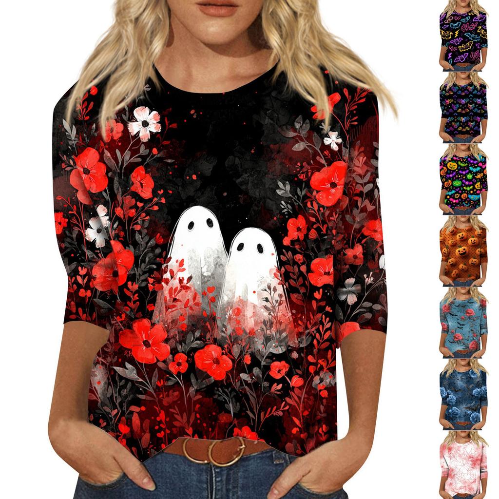 Women's Tops Three-quarter Sleeve Shirt V-neck Loose Casual Shirt Print T-shirt