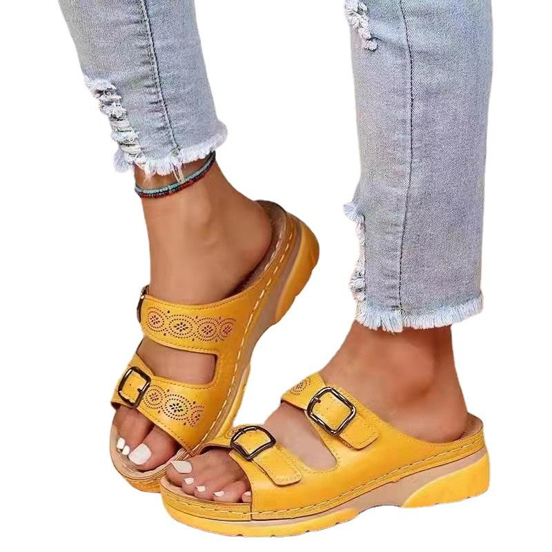 Large Size Women's Slippers New Thick and Low One-word Belt Buckle Round Head Casual Shoes Size 35-43